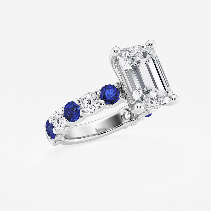 Olivia - 5 ctw Emerald Lab Grown Diamond and 3.5mm Round Cut Sapphire Side Stone Engagement Ring