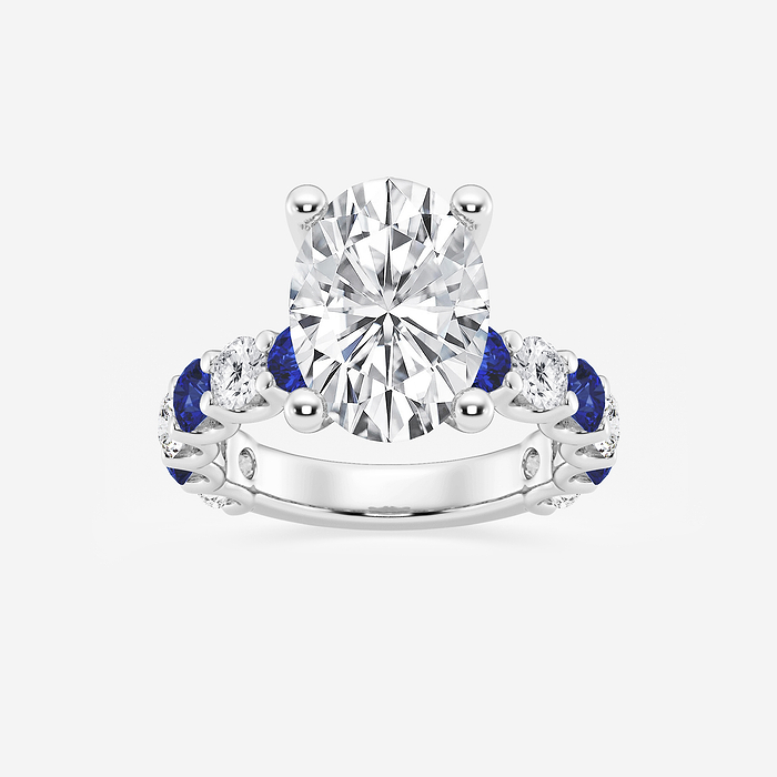 Olivia - 5 ctw Oval Lab Grown Diamond and 3.5mm Round Cut Sapphire Side Stone Engagement Ring