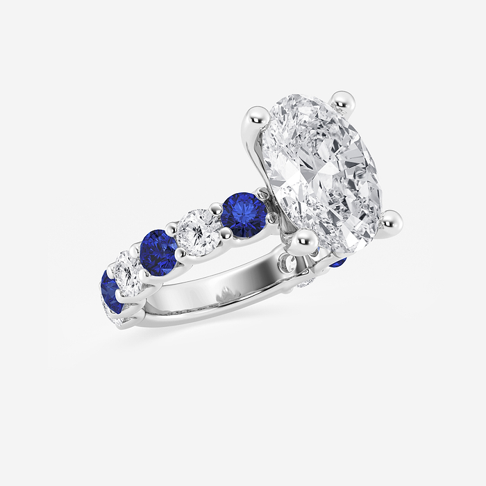 Olivia - 5 ctw Oval Lab Grown Diamond and 3.5mm Round Cut Sapphire Side Stone Engagement Ring