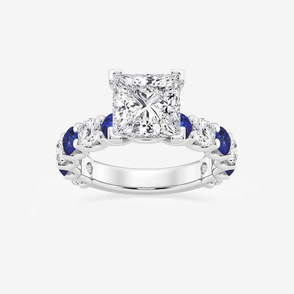 4 ctw Princess Lab Grown Diamond and 3.5mm Round Created Sapphire Side Stone Engagement Ring 14K White Gold, FG, VS2+