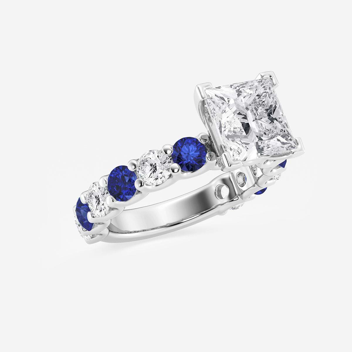 4 ctw Princess Lab Grown Diamond and 3.5mm Round Created Sapphire Side Stone Engagement Ring 14K White Gold, FG, VS2+