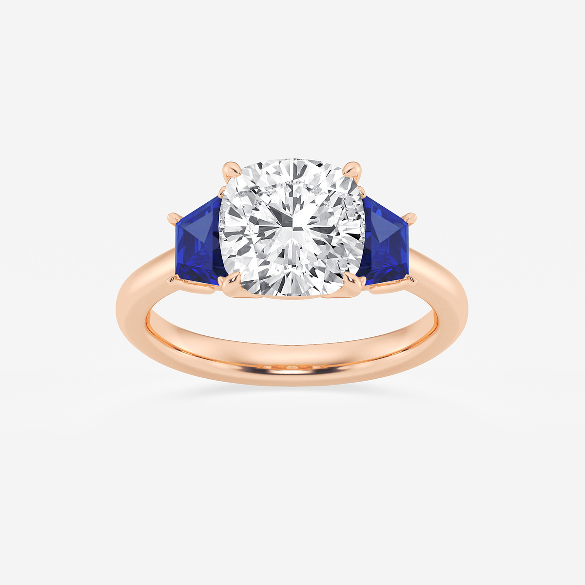 3 ctw Cushion Lab Grown Diamond and 5.5x3.3x2.2 mm Trapezoid Created Sapphire Three-Stone Ring