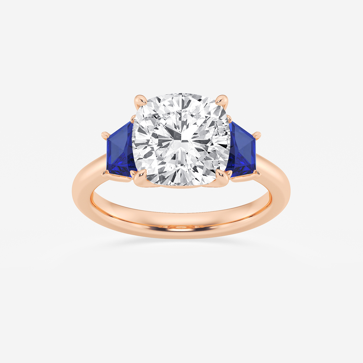 4 ctw Cushion Lab Grown Diamond and 5.5x3.3x2.2 mm Trapezoid Created Sapphire Three-Stone Ring