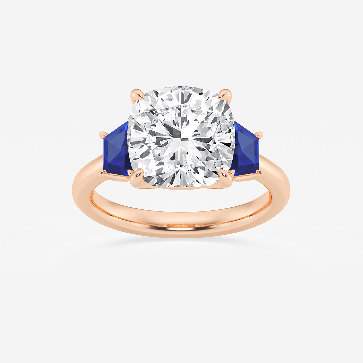 5 ctw Cushion Lab Grown Diamond and 5.5x3.3x2.2 mm Trapezoid Created Sapphire Three-Stone Ring
