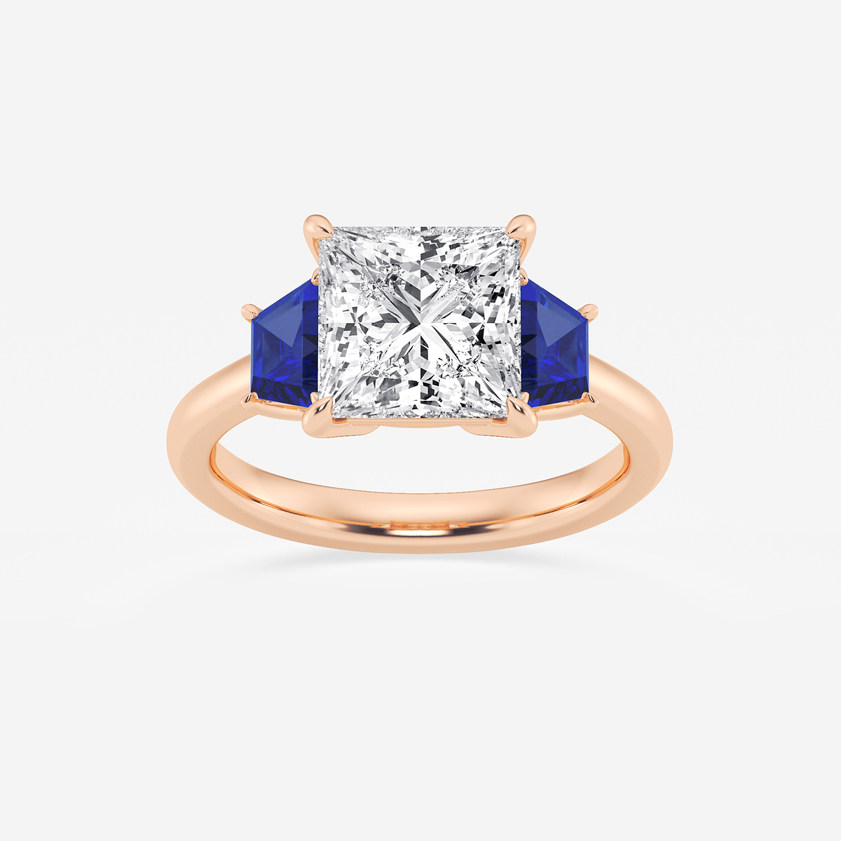 3 ctw Princess Lab Grown Diamond and 5.5x3.3x2.2 mm Trapezoid Created Sapphire Three-Stone Ring