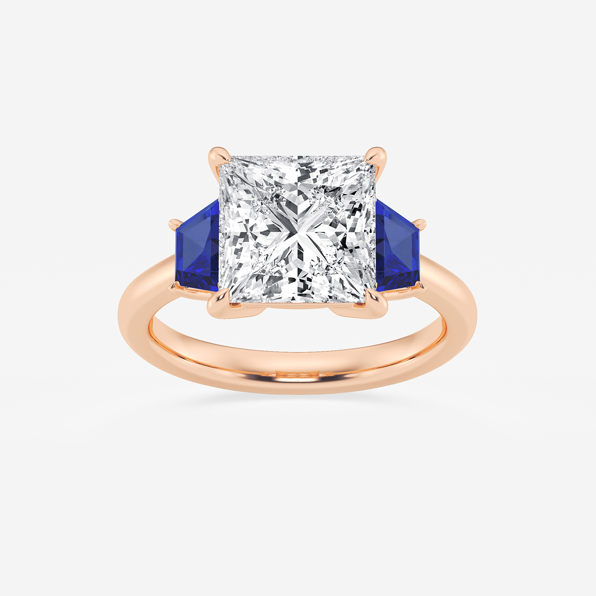 4 ctw Princess Lab Grown Diamond and 5.5x3.3x2.2 mm Trapezoid Created Sapphire Three-Stone Ring
