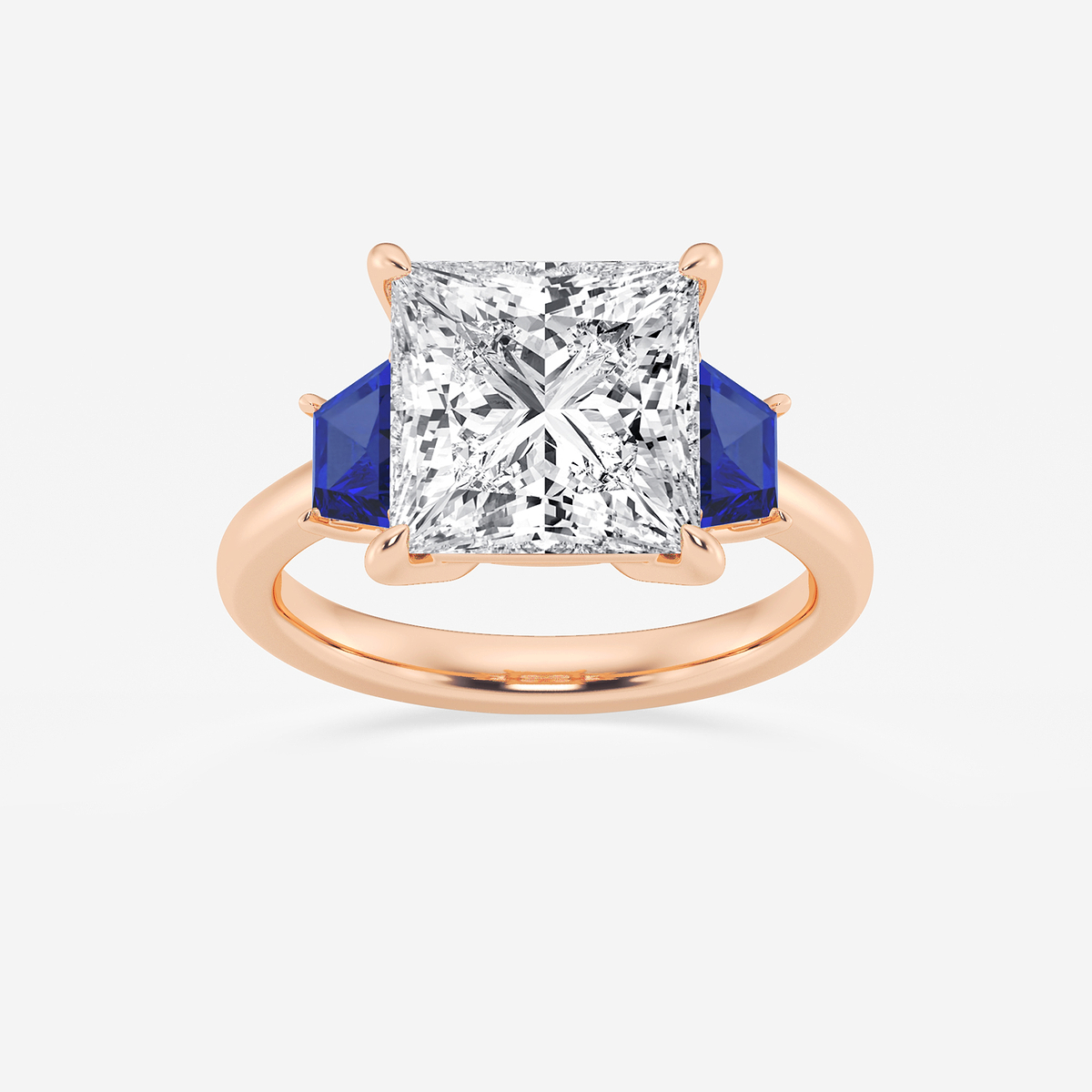 5 ctw Princess Lab Grown Diamond and 5.5x3.3x2.2 mm Trapezoid Created Sapphire Three-Stone Ring