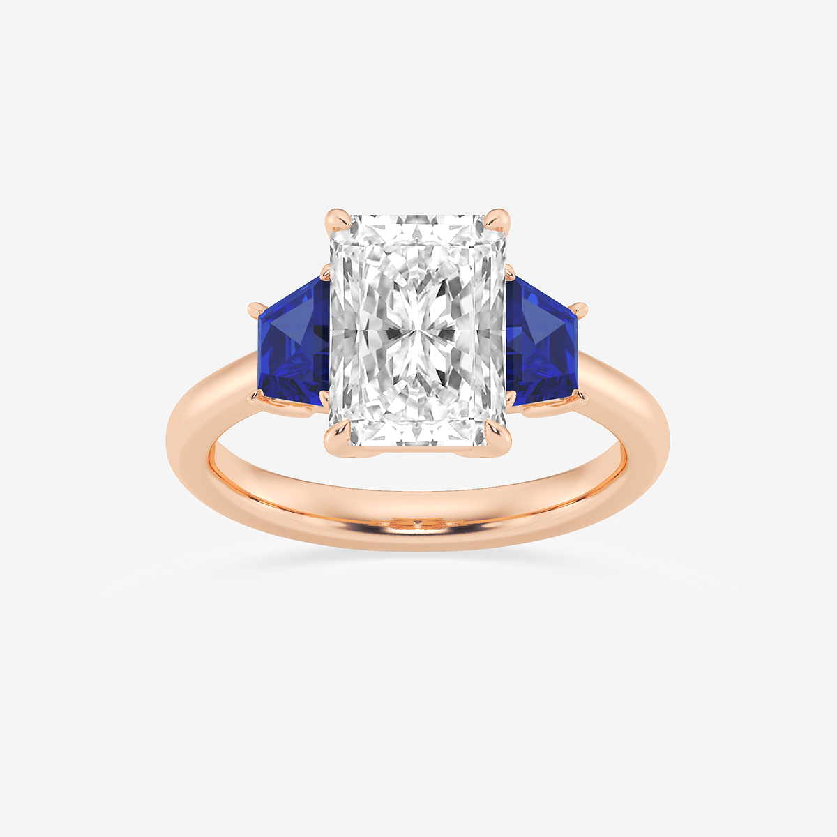 3 ctw Radiant Lab Grown Diamond and 5.5x3.3x2.2 mm Trapezoid Created Sapphire Three-Stone Ring
