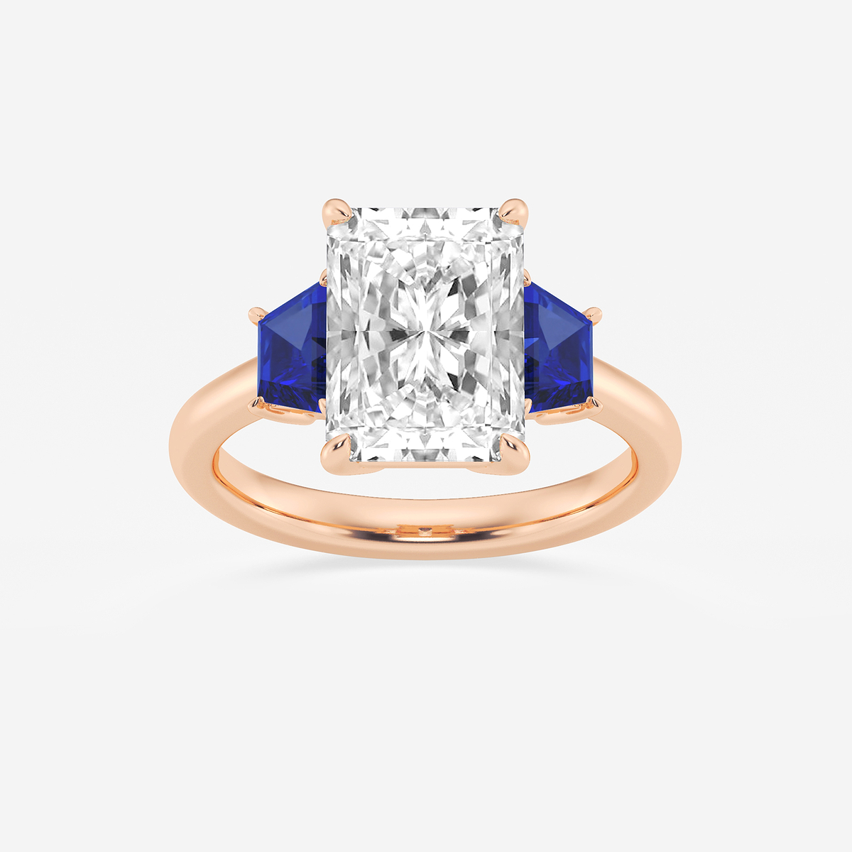 4 ctw Radiant Lab Grown Diamond and 5.5x3.3x2.2 mm Trapezoid Created Sapphire Three-Stone Ring