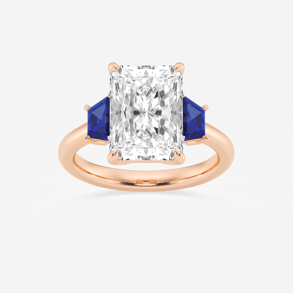 5 ctw Radiant Lab Grown Diamond and 5.5x3.3x2.2 mm Trapezoid Created Sapphire Three-Stone Ring