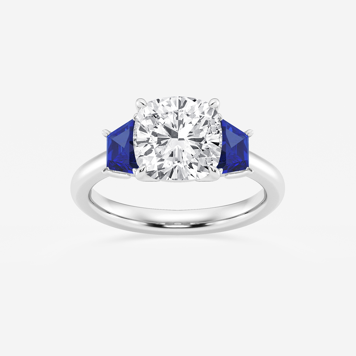3 ctw Cushion Lab Grown Diamond and 5.5x3.3x2.2 mm Trapezoid Created Sapphire Three-Stone Ring