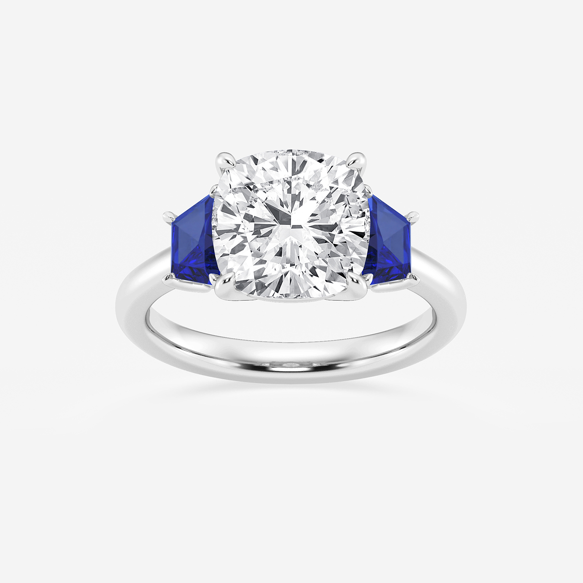 4 ctw Cushion Lab Grown Diamond and 5.5x3.3x2.2 mm Trapezoid Created Sapphire Three-Stone Ring