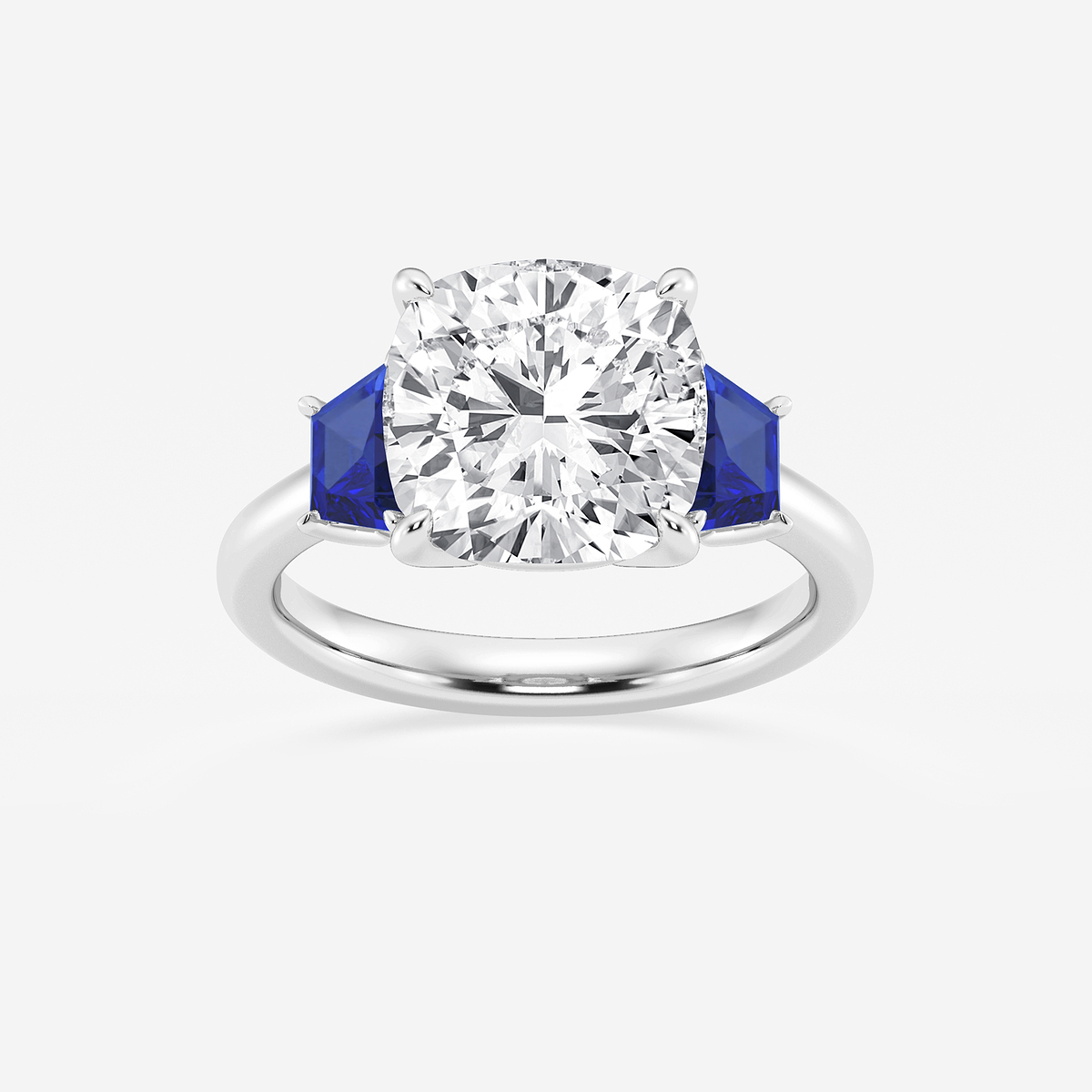 5 ctw Cushion Lab Grown Diamond and 5.5x3.3x2.2 mm Trapezoid Created Sapphire Three-Stone Ring