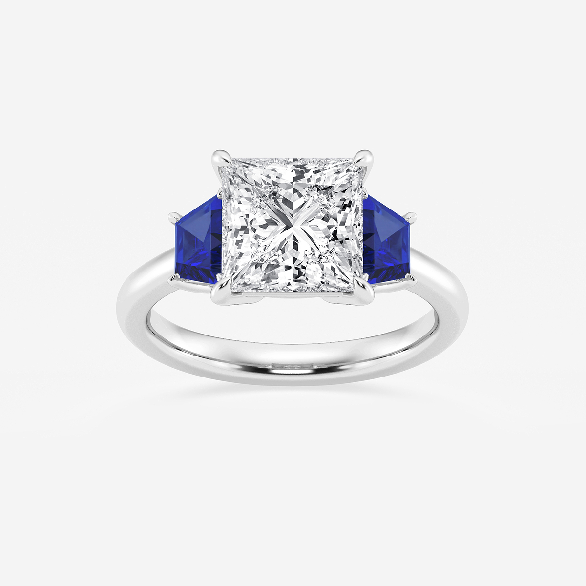 3 ctw Princess Lab Grown Diamond and 5.5x3.3x2.2 mm Trapezoid Created Sapphire Three-Stone Ring