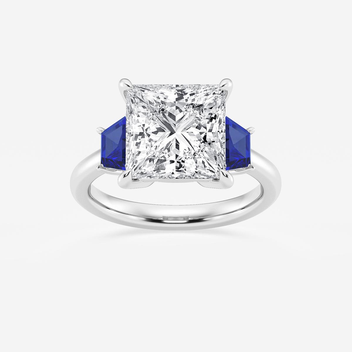5 ctw Princess Lab Grown Diamond and 5.5x3.3x2.2 mm Trapezoid Created Sapphire Three-Stone Ring