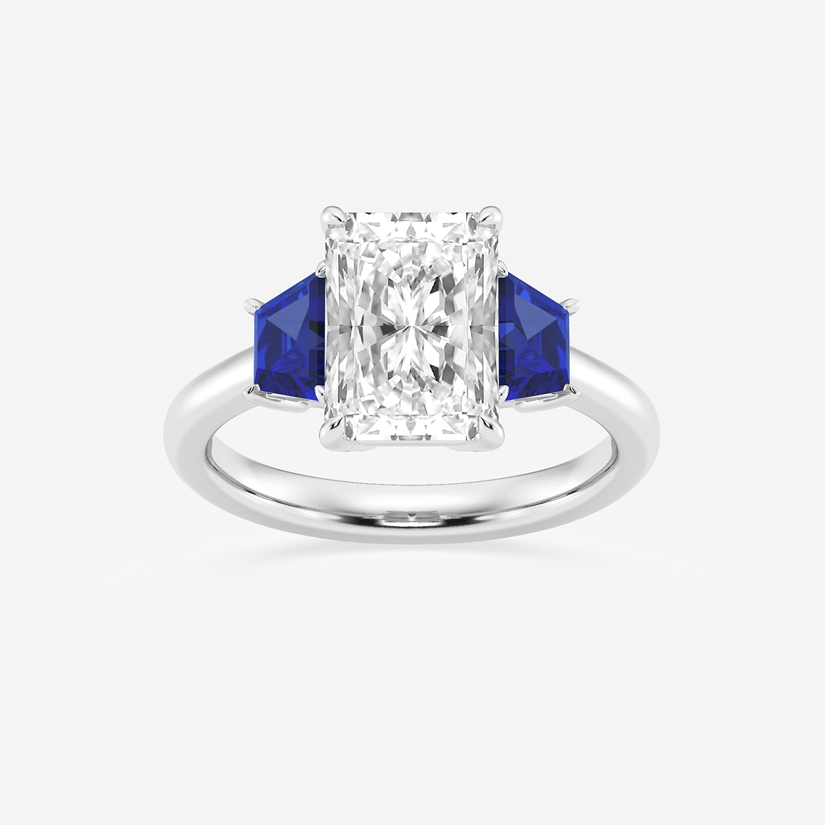 3 ctw Radiant Lab Grown Diamond and 5.5x3.3x2.2 mm Trapezoid Created Sapphire Three-Stone Ring