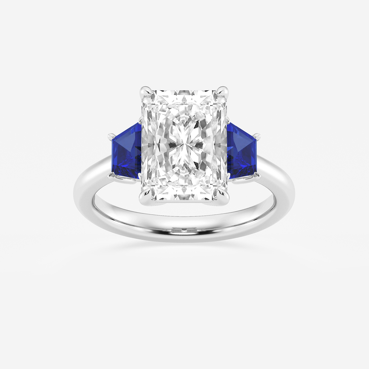 4 ctw Radiant Lab Grown Diamond and 5.5x3.3x2.2 mm Trapezoid Created Sapphire Three-Stone Ring