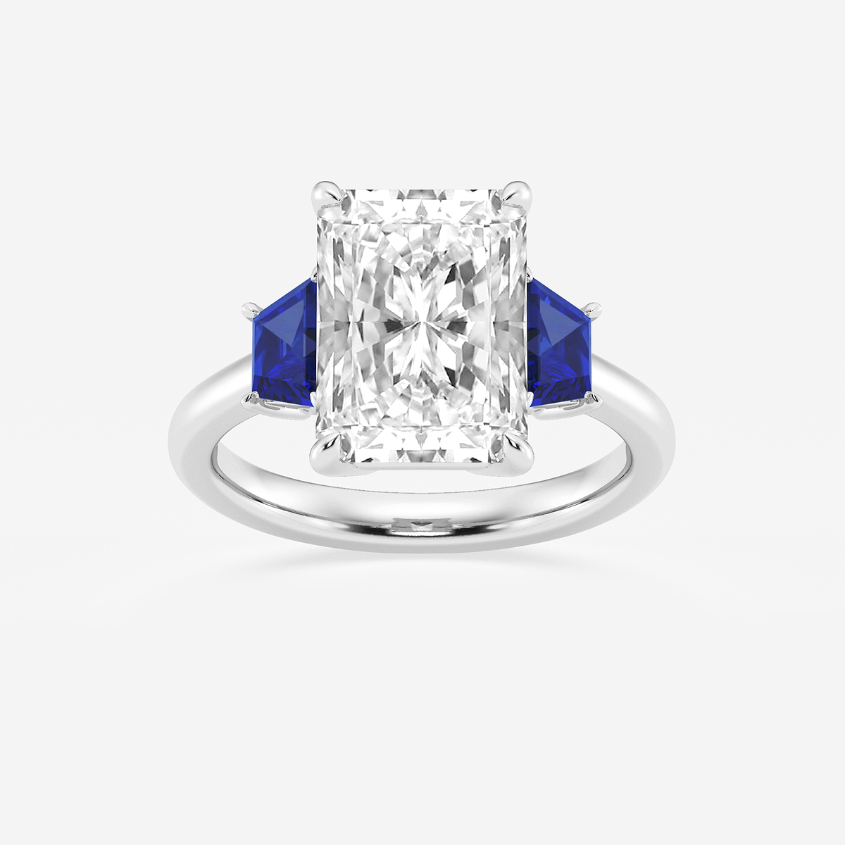 5 ctw Radiant Lab Grown Diamond and 5.5x3.3x2.2 mm Trapezoid Created Sapphire Three-Stone Ring