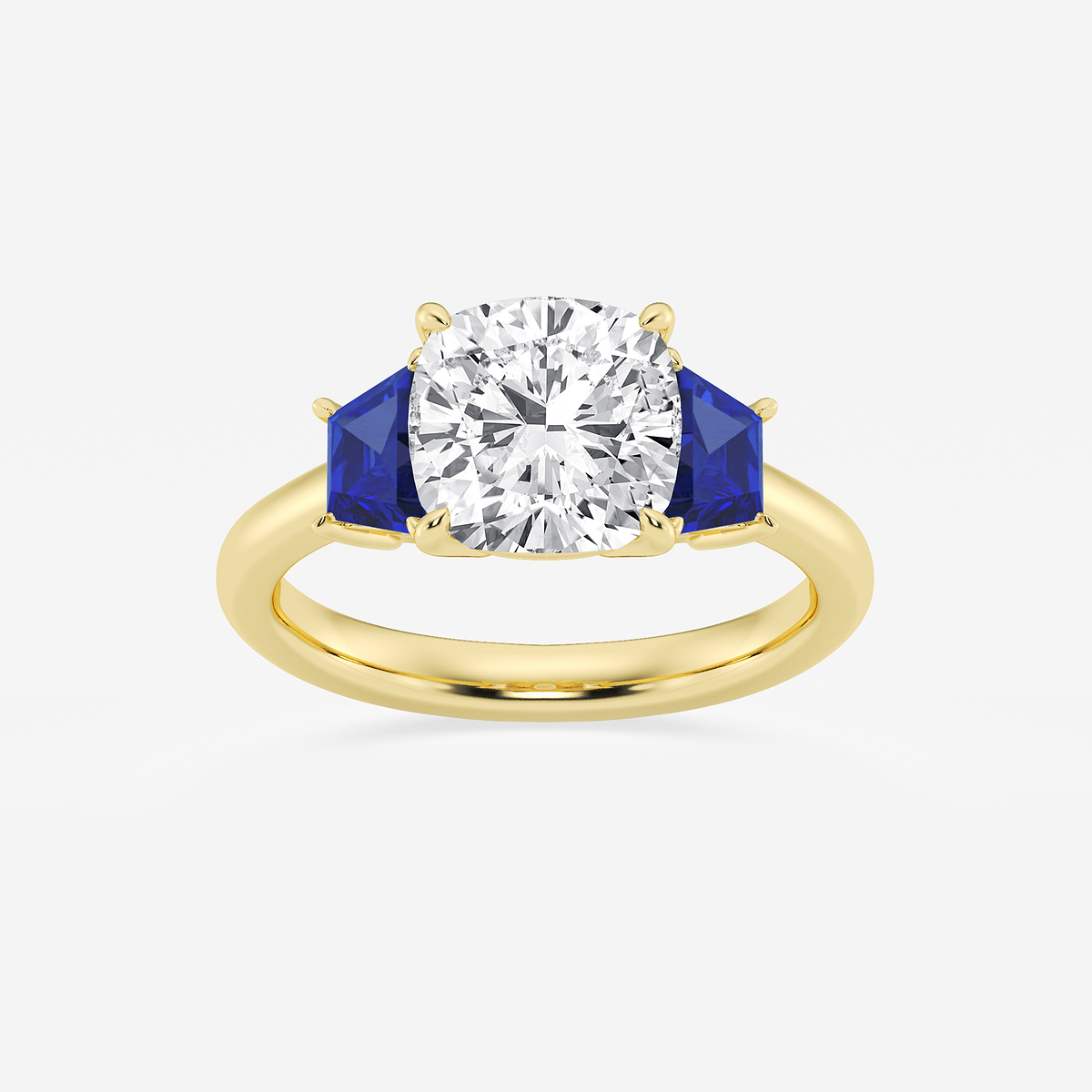 3 ctw Cushion Lab Grown Diamond and 5.5x3.3x2.2 mm Trapezoid Created Sapphire Three-Stone Ring