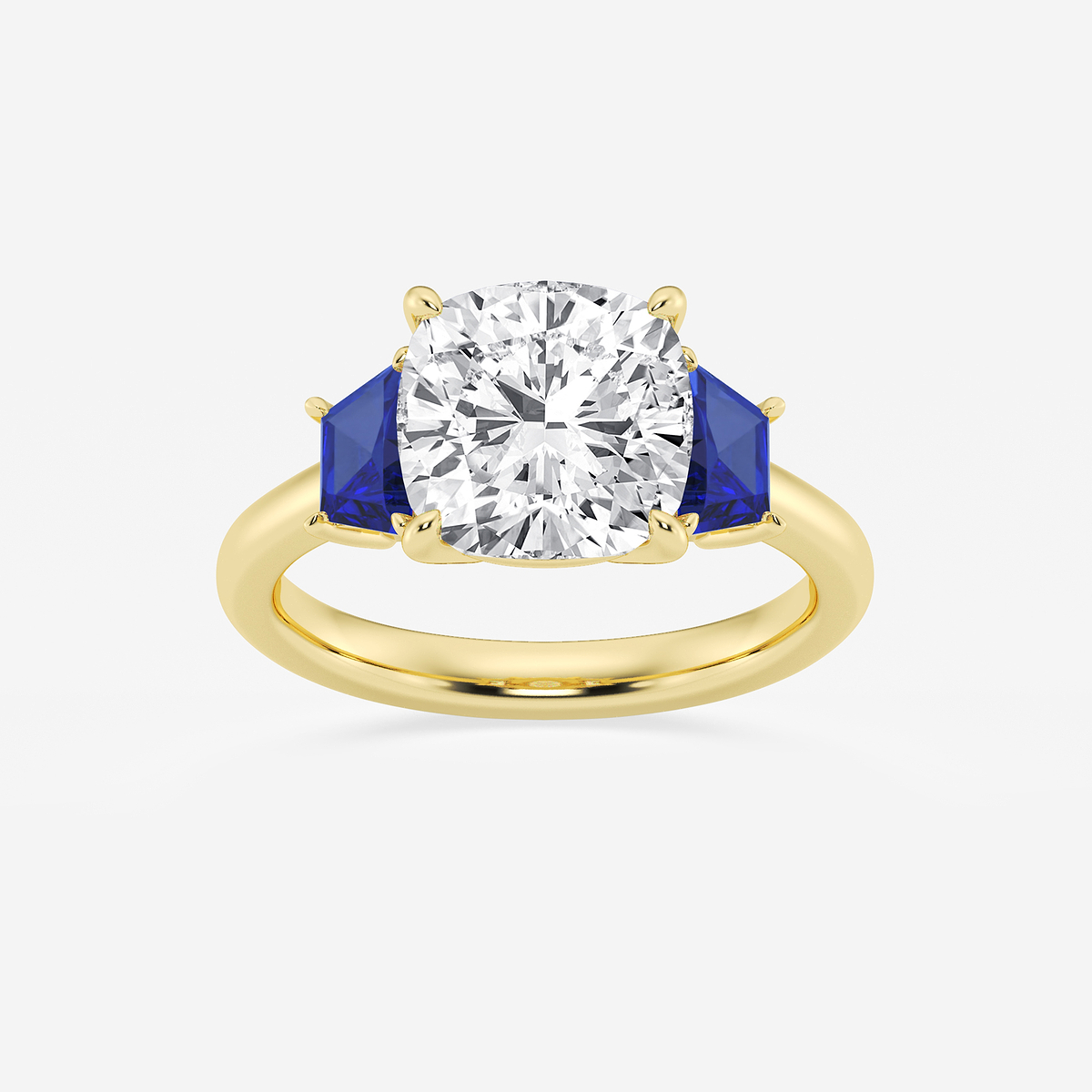 4 ctw Cushion Lab Grown Diamond and 5.5x3.3x2.2 mm Trapezoid Created Sapphire Three-Stone Ring