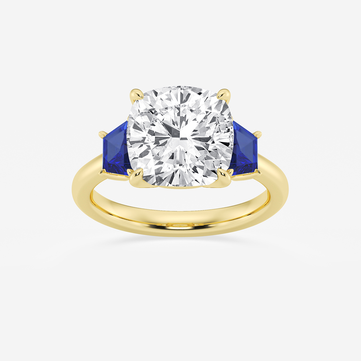5 ctw Cushion Lab Grown Diamond and 5.5x3.3x2.2 mm Trapezoid Created Sapphire Three-Stone Ring