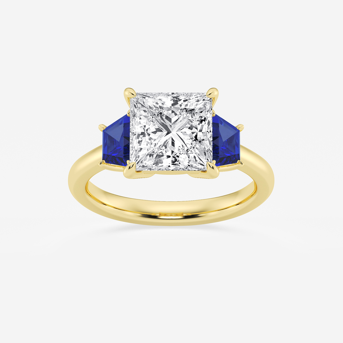 3 ctw Princess Lab Grown Diamond and 5.5x3.3x2.2 mm Trapezoid Created Sapphire Three-Stone Ring