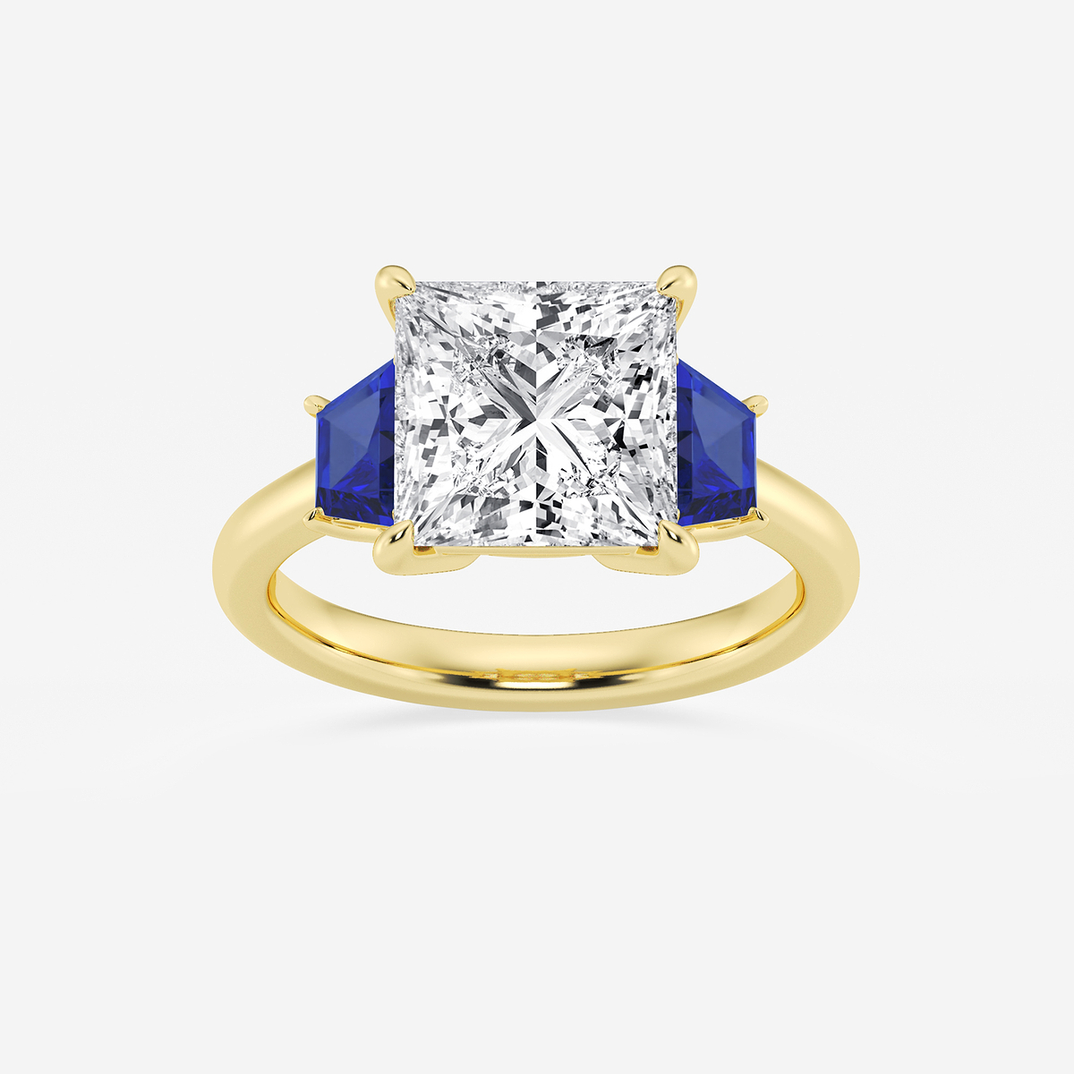 4 ctw Princess Lab Grown Diamond and 5.5x3.3x2.2 mm Trapezoid Created Sapphire Three-Stone Ring