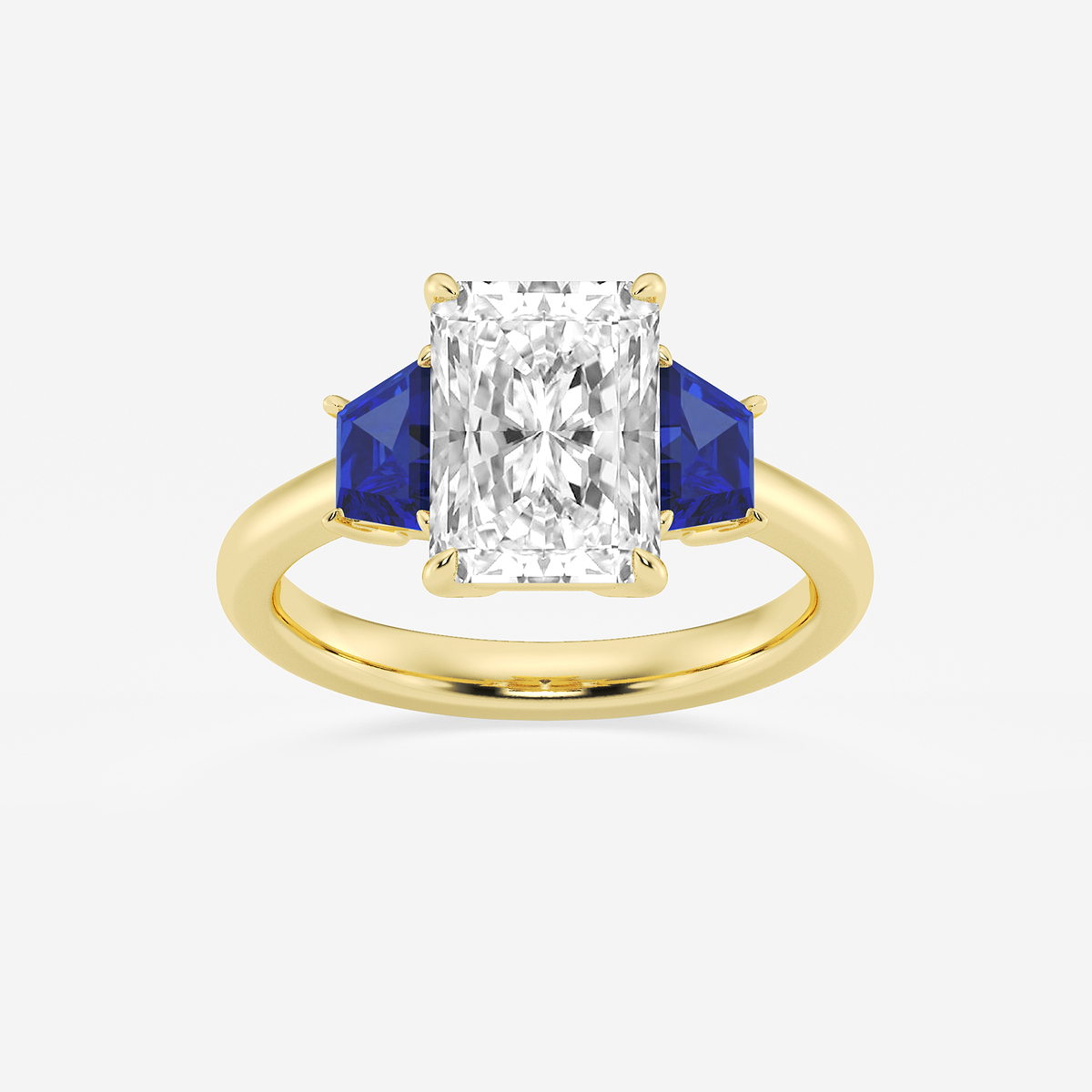 3 ctw Radiant Lab Grown Diamond and 5.5x3.3x2.2 mm Trapezoid Created Sapphire Three-Stone Ring