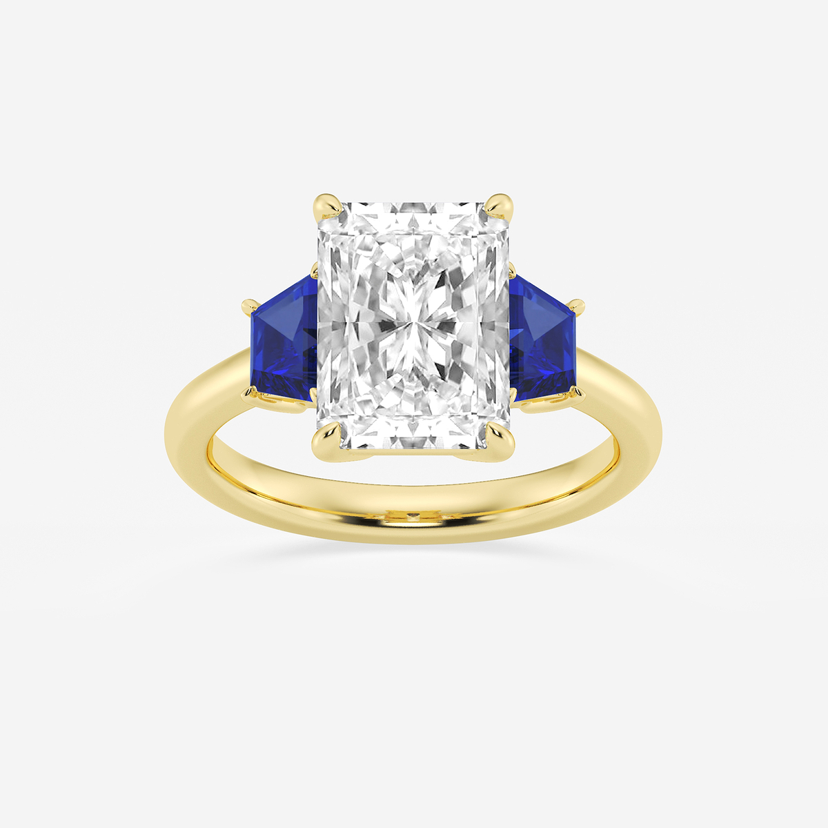 4 ctw Radiant Lab Grown Diamond and 5.5x3.3x2.2 mm Trapezoid Created Sapphire Three-Stone Ring