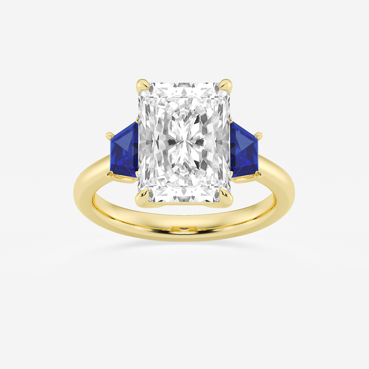 5 ctw Radiant Lab Grown Diamond and 5.5x3.3x2.2 mm Trapezoid Created Sapphire Three-Stone Ring