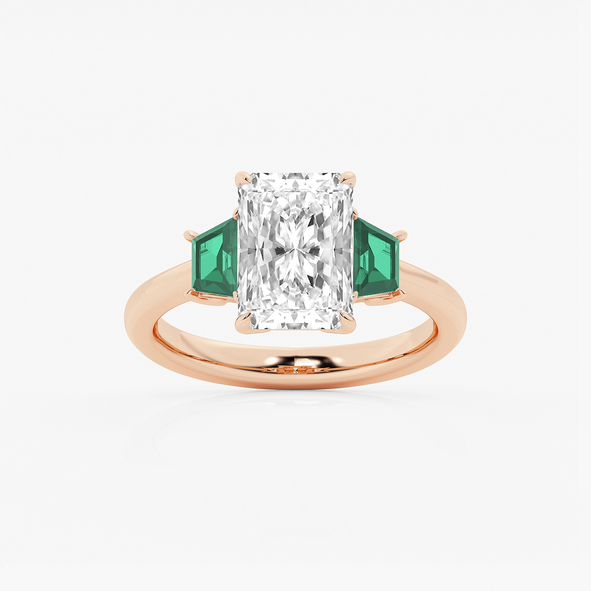 3 ctw Radiant Lab Grown Diamond and 5.5x3.3x2.2 mm Trapezoid Created Emerald Three-Stone Ring