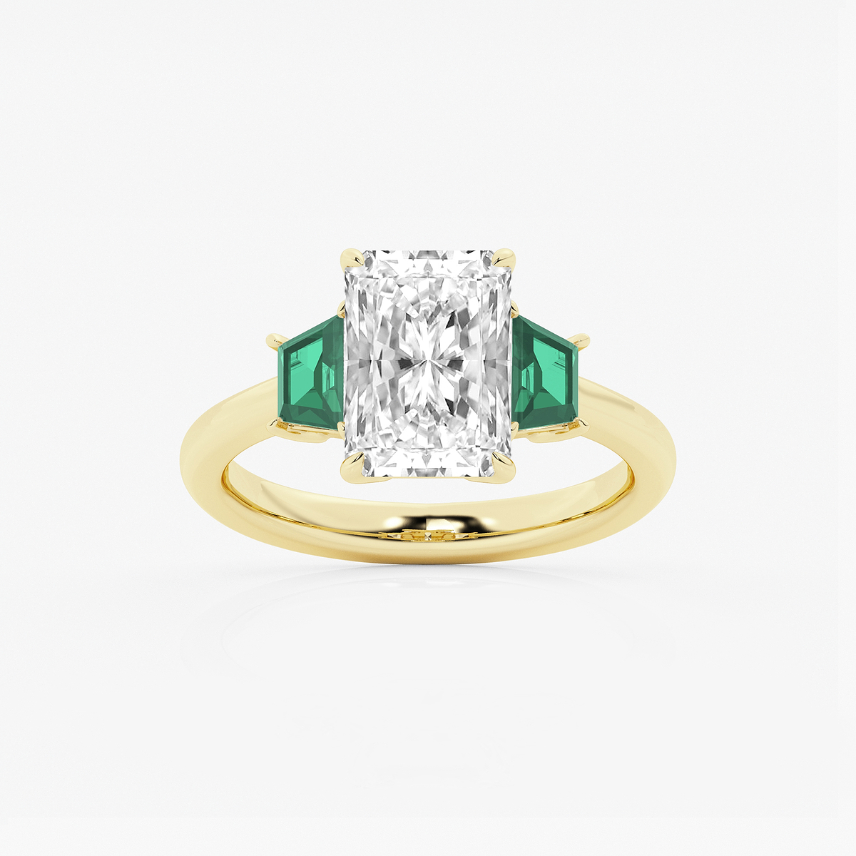3 ctw Radiant Lab Grown Diamond and 5.5x3.3x2.2 mm Trapezoid Created Emerald Three-Stone Ring