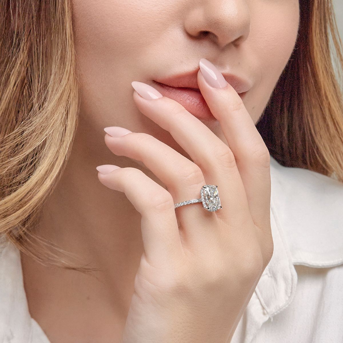 2 2/5 ctw Elongated Cushion Lab Grown Diamond Halo Engagement Ring 18K White Gold, D, VVS