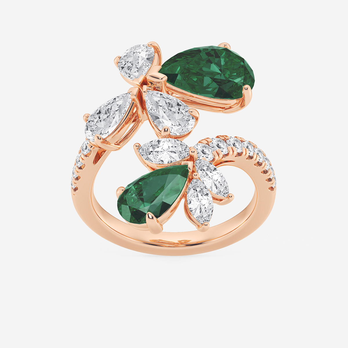 11.48x7.06 mm and 8.5x5.6 mm Pear Shaped Created Emerald with 2 1/6 ctw Mixed Lab Grown Diamond Bypass Ring