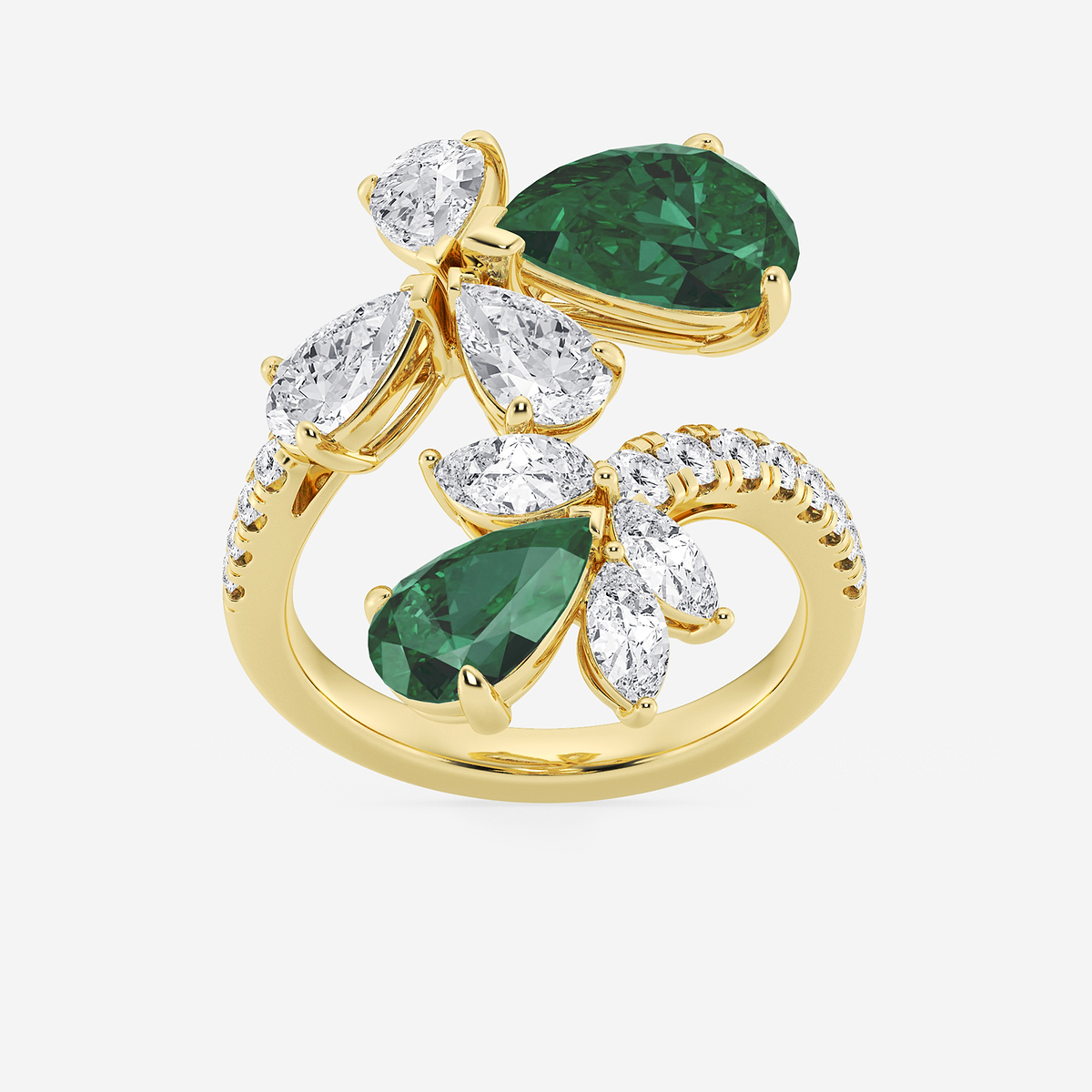 11.48x7.06 mm and 8.5x5.6 mm Pear Shaped Created Emerald with 2 1/6 ctw Mixed Lab Grown Diamond Bypass Ring