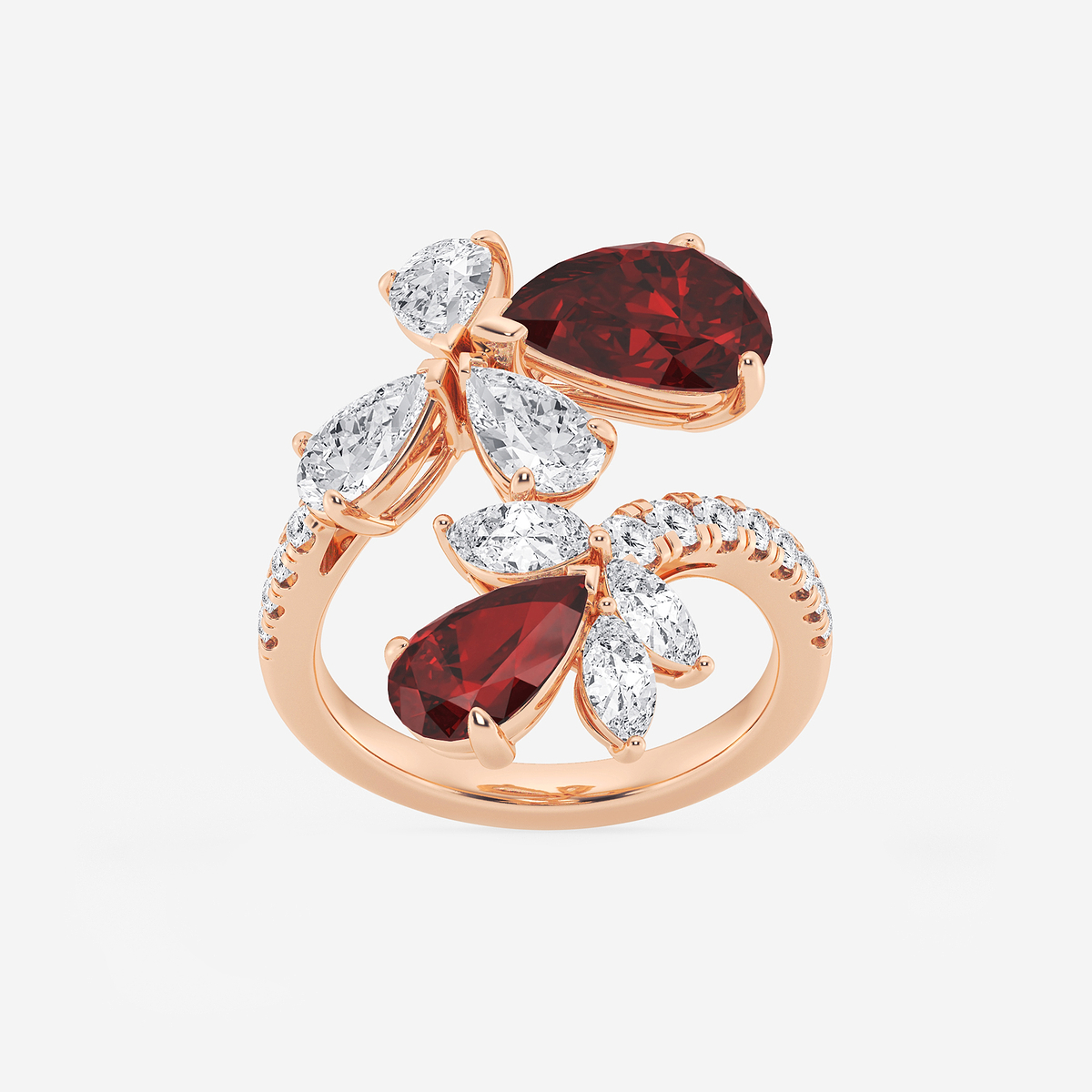 11.48x7.06 mm and 8.5x5.6 mm Pear Shaped Created Ruby with 2 1/6 ctw Mixed Lab Grown Diamond Bypass Ring