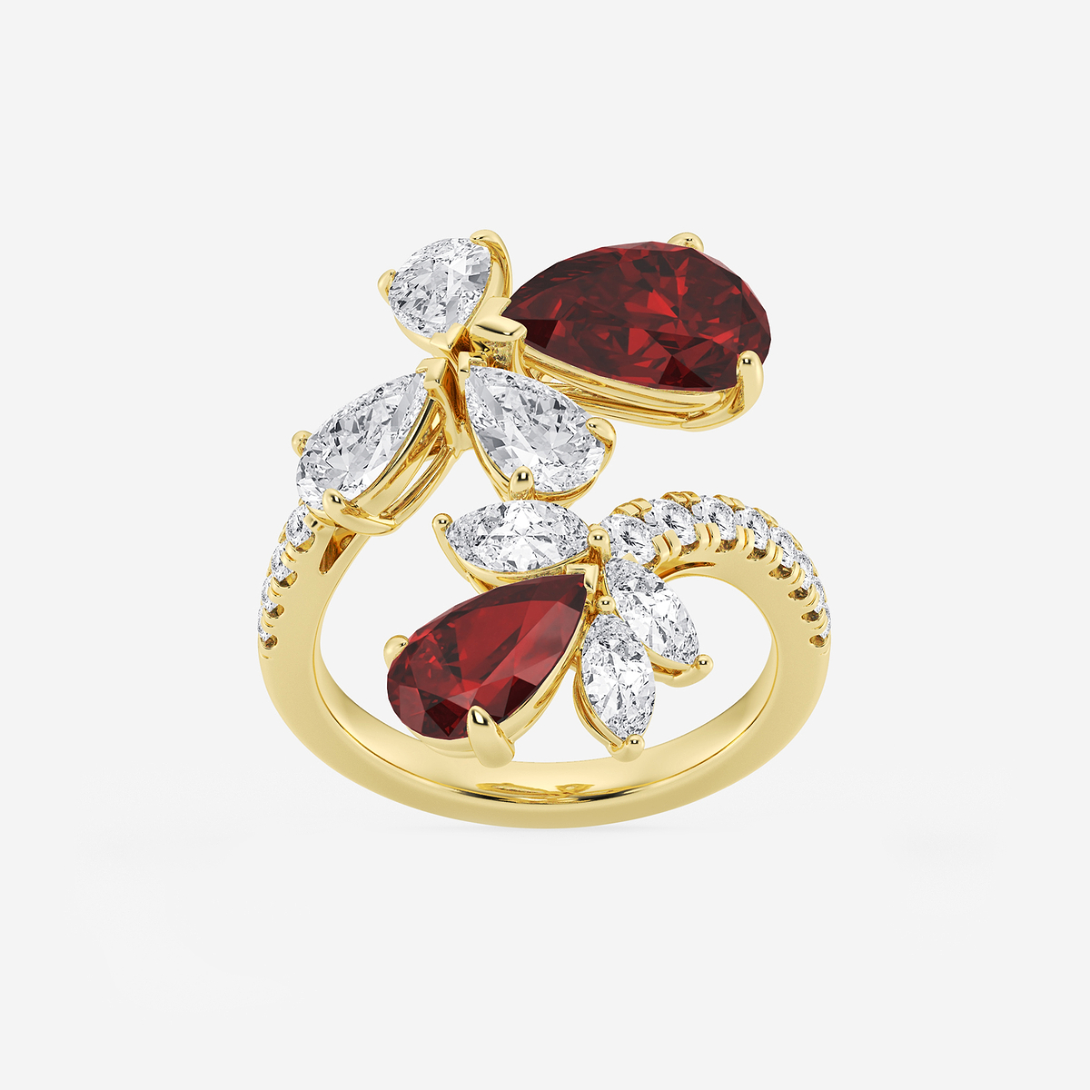 11.48x7.06 mm and 8.5x5.6 mm Pear Shaped Created Ruby with 2 1/6 ctw Mixed Lab Grown Diamond Bypass Ring