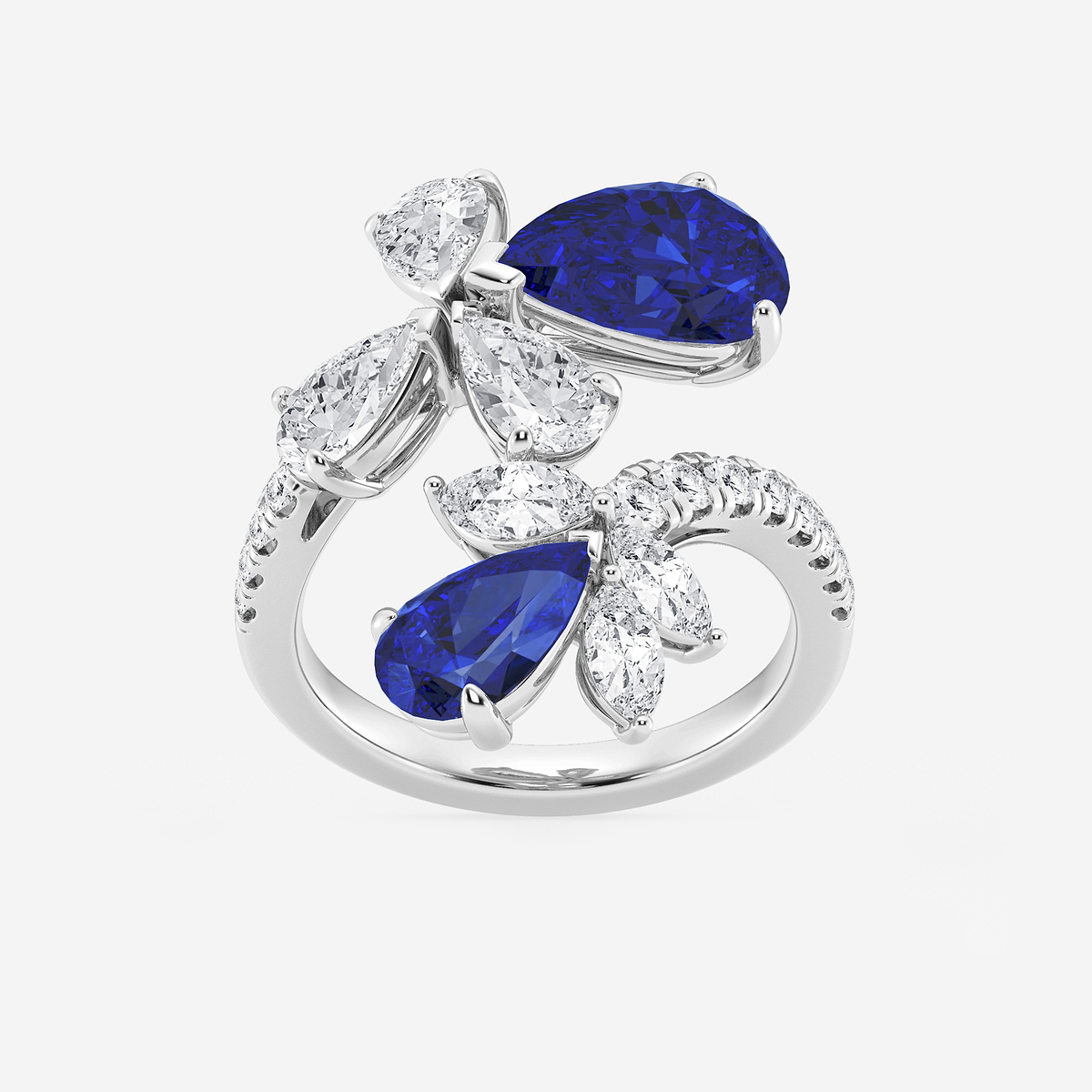 11.48x7.06 mm and 8.5x5.6 mm Pear Shaped Created Sapphire with 2 1/6 ctw Mixed Lab Grown Diamond Bypass Ring