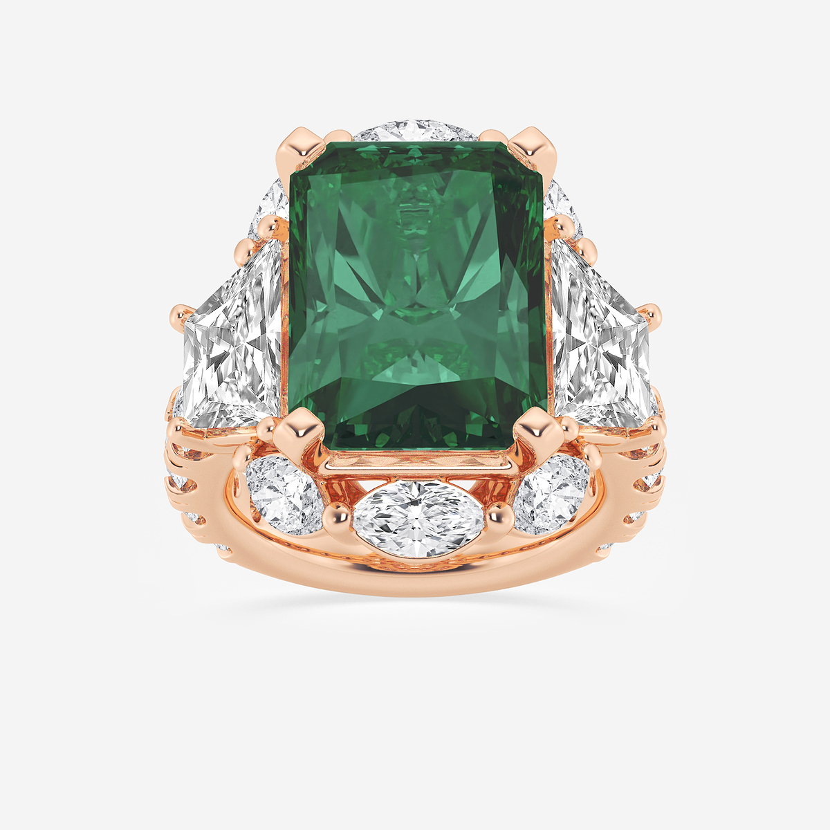 20 ctw Radiant Cut Emerald and Trapezoid Lab Grown Diamond Engagement Ring with Side Accents