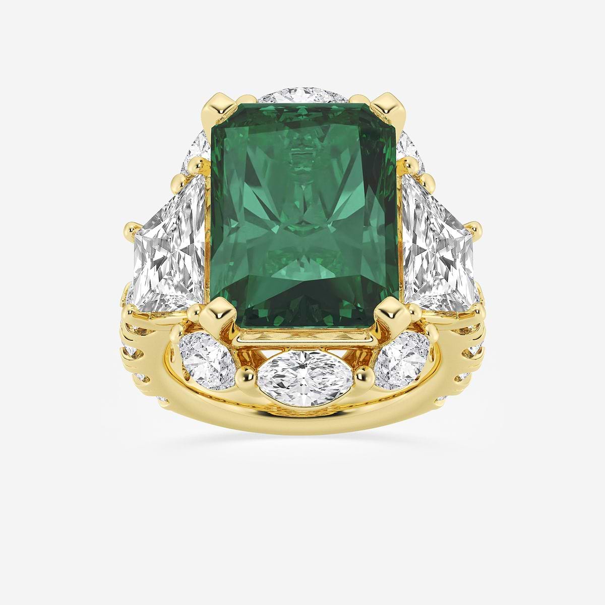 16.0x11.25 mm Radiant Cut Created Emerald and 6 ctw Trapezoid Lab Grown Diamond Engagement Ring with Side Accents 14K Yellow Gold, FG, VS2+
