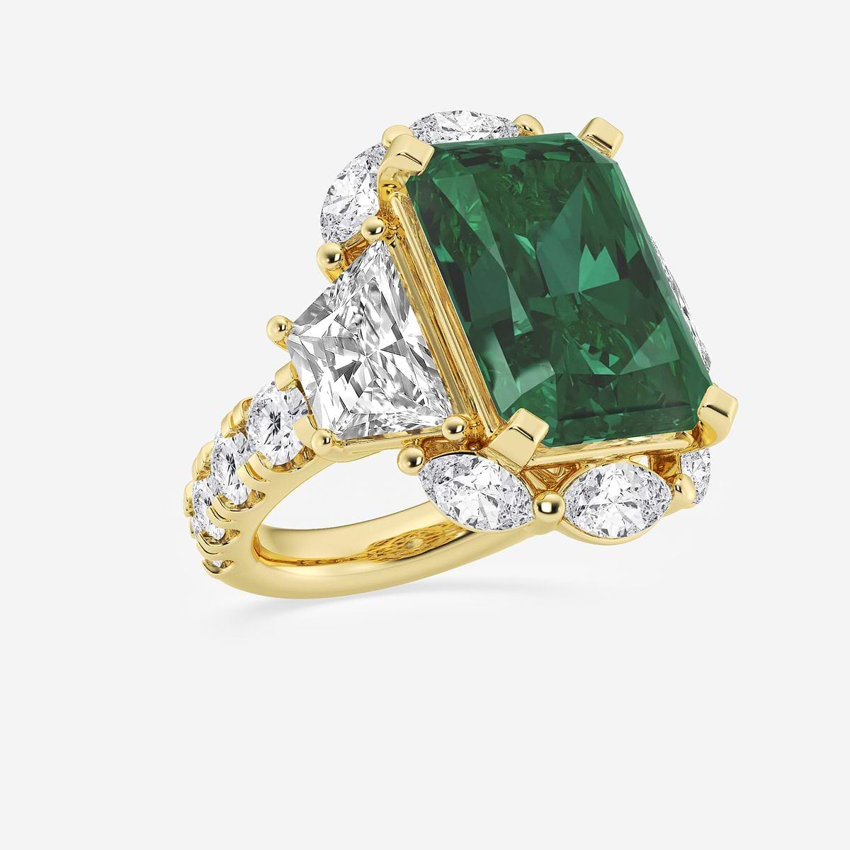 16.0x11.25 mm Radiant Cut Created Emerald and 6 ctw Trapezoid Lab Grown Diamond Engagement Ring with Side Accents 14K Yellow Gold, FG, VS2+