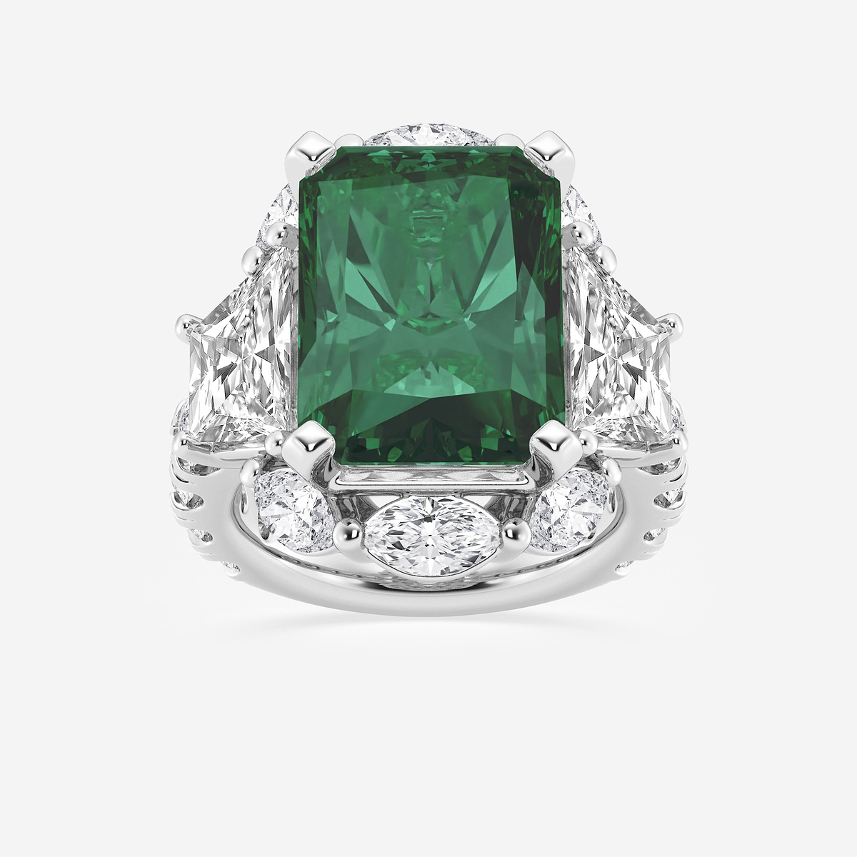20 ctw Radiant Cut Emerald and Trapezoid Lab Grown Diamond Engagement Ring with Side Accents