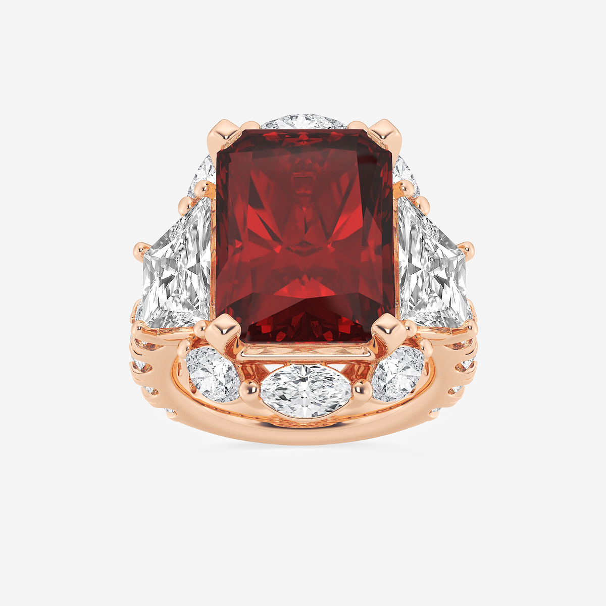 16x11 mm Radiant Cut Ruby and 6 ctw Trapezoid Lab Grown Diamond Engagement Ring with Side Accents