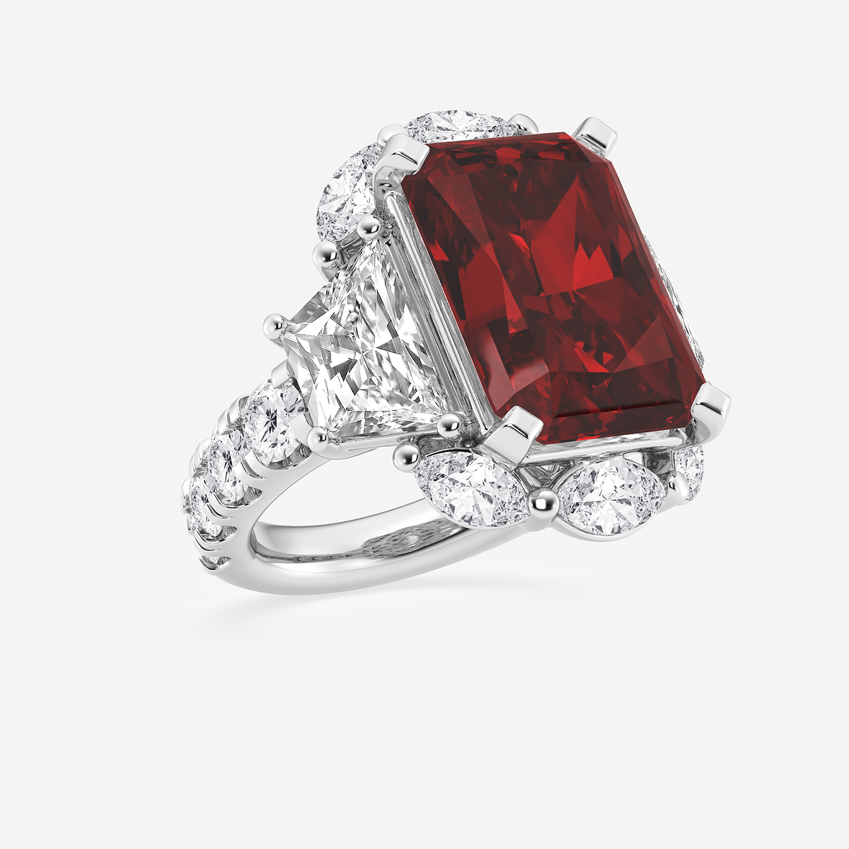 Additional Image 1 for  20 ctw Radiant Cut Ruby and Trapezoid Lab Grown Diamond Engagement Ring with Side Accents