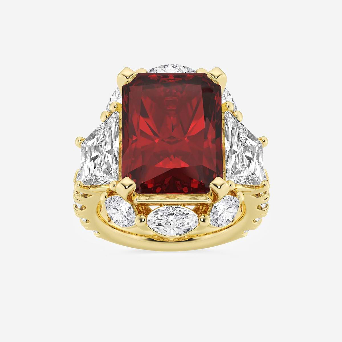 16.0x11.25 mm Radiant Cut Created Ruby and 6 ctw Trapezoid Lab Grown Diamond Engagement Ring with Side Accents 14K Yellow Gold, FG, VS2+