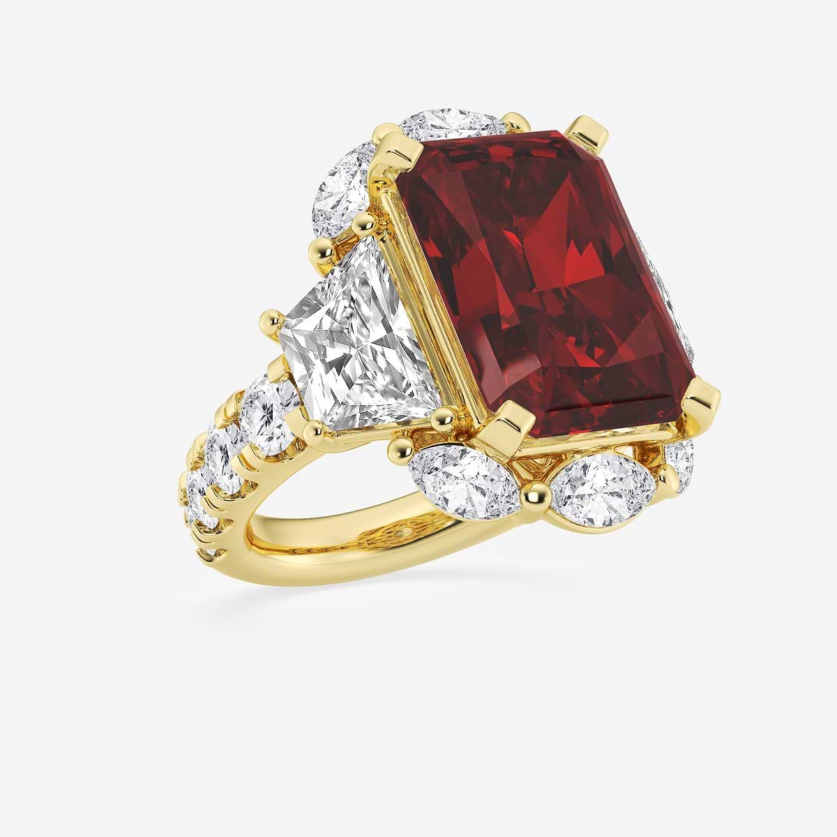 16.0x11.25 mm Radiant Cut Created Ruby and 6 ctw Trapezoid Lab Grown Diamond Engagement Ring with Side Accents 14K Yellow Gold, FG, VS2+