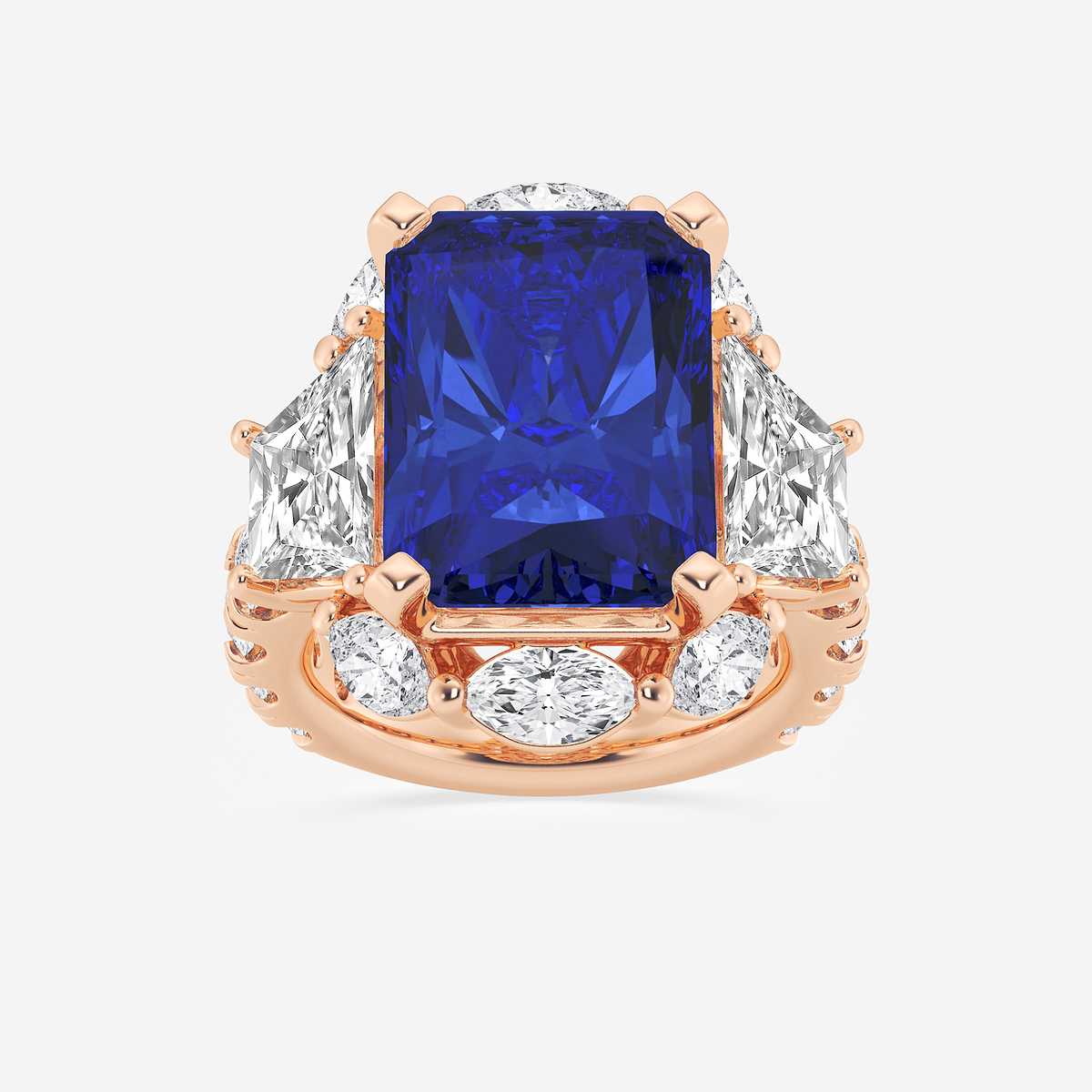 20 ctw Radiant Cut Sapphire and Trapezoid Lab Grown Diamond Engagement Ring with Side Accents