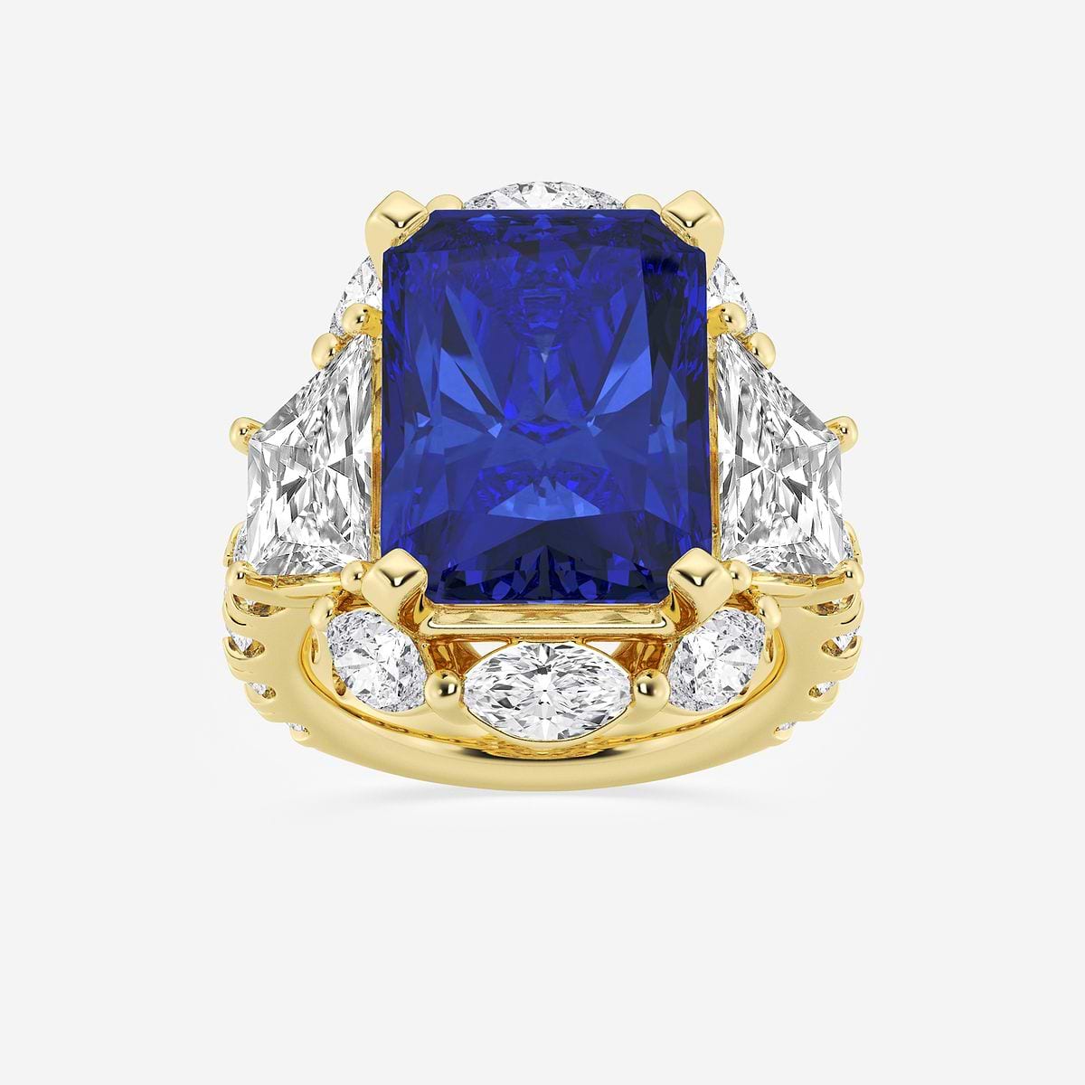 16.0x11.25 mm Radiant Cut Created Sapphire and 6 ctw Trapezoid Lab Grown Diamond Engagement Ring with Side Accents 14K Yellow Gold