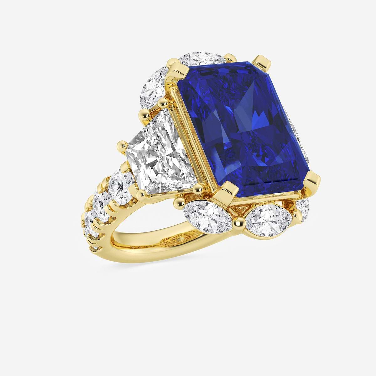 16.0x11.25 mm Radiant Cut Created Sapphire and 6 ctw Trapezoid Lab Grown Diamond Engagement Ring with Side Accents 14K Yellow Gold