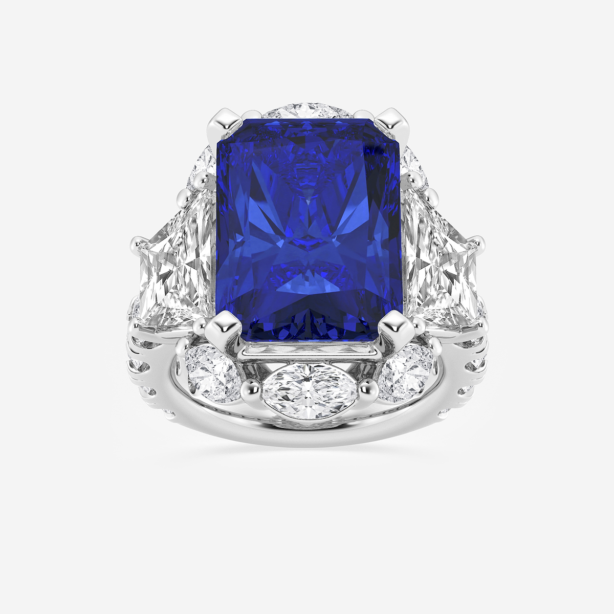 20 ctw Radiant Cut Sapphire and Trapezoid Lab Grown Diamond Engagement Ring with Side Accents